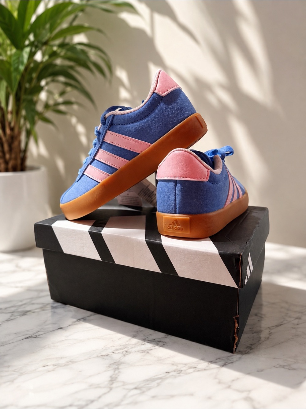 adidas Kids Blue and Pink Suede-Style Sneakers with Gum Sole